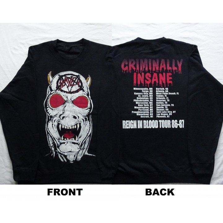 Slayer Criminally Insane Tour Reign In Blood USA Tour 1986-1987  Crew Neck Sweater Official Oversized Crewneck Sweatshirt Gildan