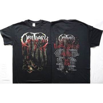 Obituary Inked In Blood America Tour Dates 2016 Blood Soaked American Flag with Tour Dates Official T-Shirt