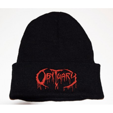 Obituary Beanie Red Logo Fold down High Quality Embroidered Beanie Soft and Warm